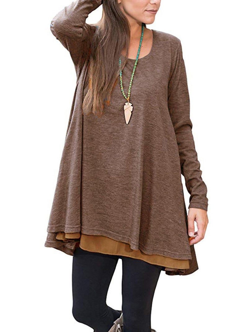 Poetsky Solid Color Long Shirts For Leggings For Women Long Sleeve Flowy Tops (L, Coffe) - Image 1